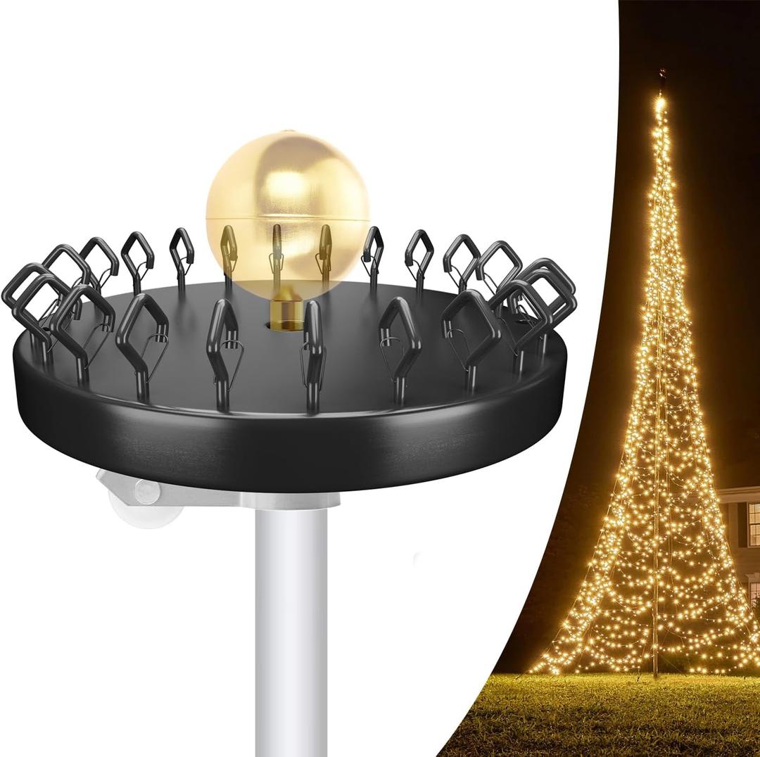 Christmas Tree Flag Pole Mega Topper Light Hook with Metal Hoop and Hanging Rope, Outdoor Telescoping Flagpole Tree Light Hooks Kit for Hanging Light Strings Xmas Lights Outdoor Decor