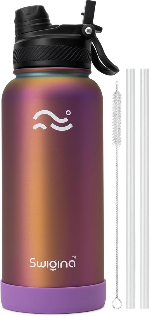 [2-IN-1 LID] Insulated Water Bottle with Silicone Boot (36hrs Cold/18hrs Hot) - DIY Stickers, Leakproof, BPA Free, 32 oz (Chameleon)