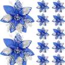 Canlierr 12 Pieces 5.7 Inch Christmas Poinsettia Flower Christmas Glitter Artificial Flower with Clips Xmas Tree Ornament for Wreath Garland Party Decor (Blue,Silver)