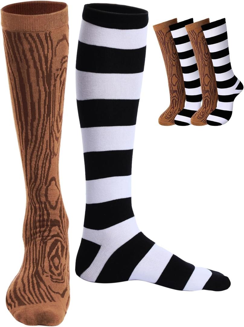 2 Pair Pirate Costume Accessories Wood Grain Pattern and Stripes Peg Leg Socks for Adults Halloween Cosplay Party (Brown,white.black)