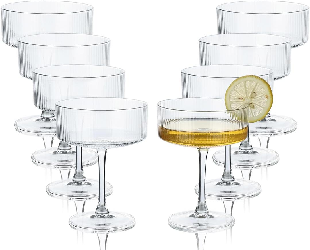 Martini Glasses set of 8, 10 oz Ribbed Coupe Glasses Champagne Coupe Glasses Set for WineMargarita Glass (Transparent)