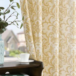 jinchan Curtains for Bedroom, Light Filtering 84 Inch Length 2 Panels Set, Farmhouse Style Linen Blend Drapes Living Room, Vintage Damask Curtains, Grommet Top Mustard Yellow on Flax, W52" X L84"