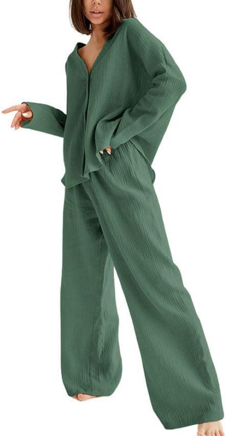 codcm Womens Cotton Gauze Loungewear Sets Casual 2 Piece Sleepwear Button Down Shirt and Wide Leg Pants Outfits (Medium, Green)