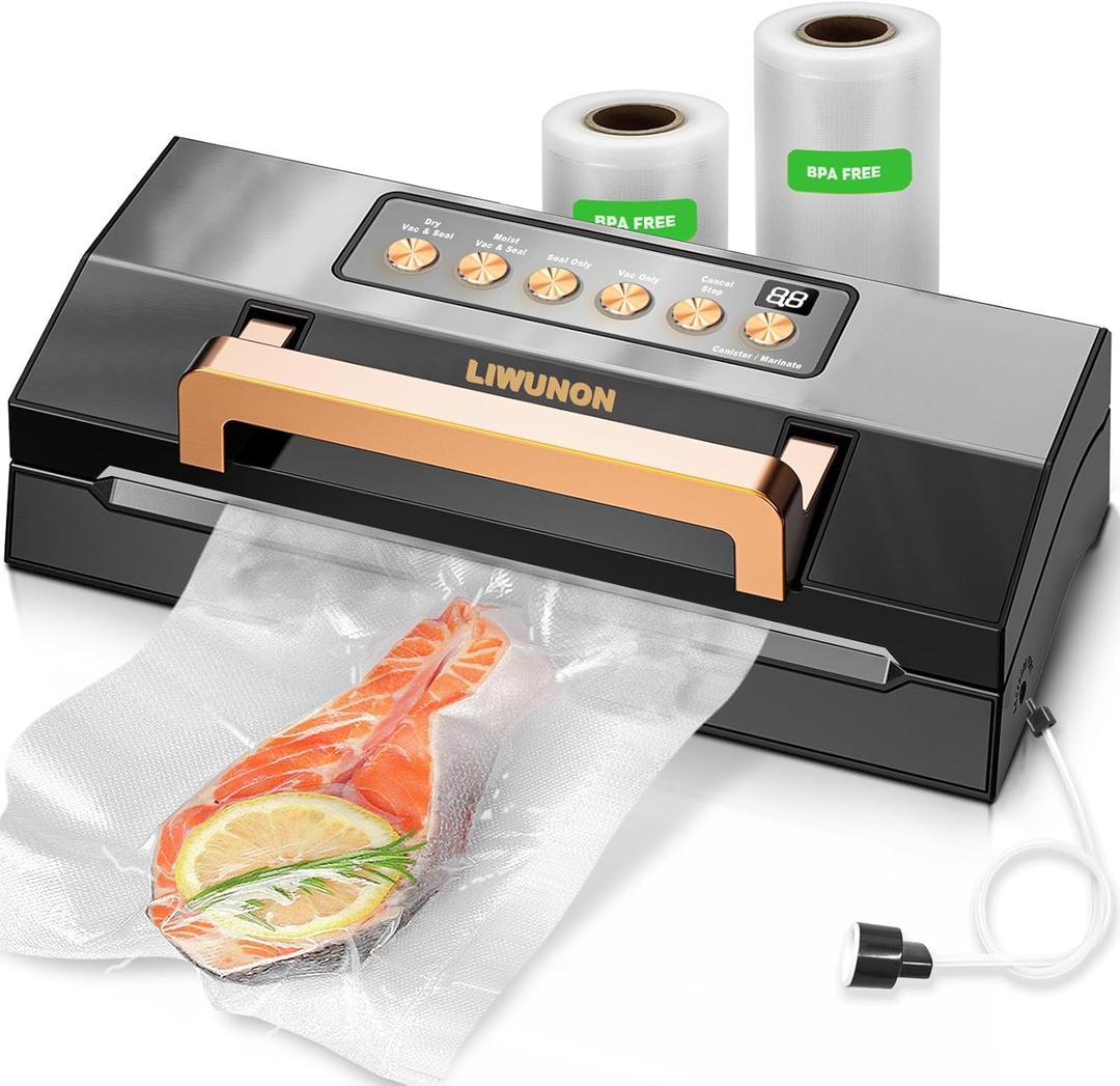 Powerful Suction Vacuum Sealer Machine, Commercial Fully Automatic Food Vacuum Sealer with Double Heat Seal, Dry & Moist Modes, Built-in Cutter, Bags Storage, Easy-Lock Handle, Includes 2 Bag Rolls (Black)