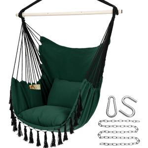 Y- STOP Hammock Chair Hanging Rope Swing, Max 500 Lbs, 2 Cushions Included, Large Macrame Hanging Chair with Pocket for Superior Comfort, with Hardware Kit, Green