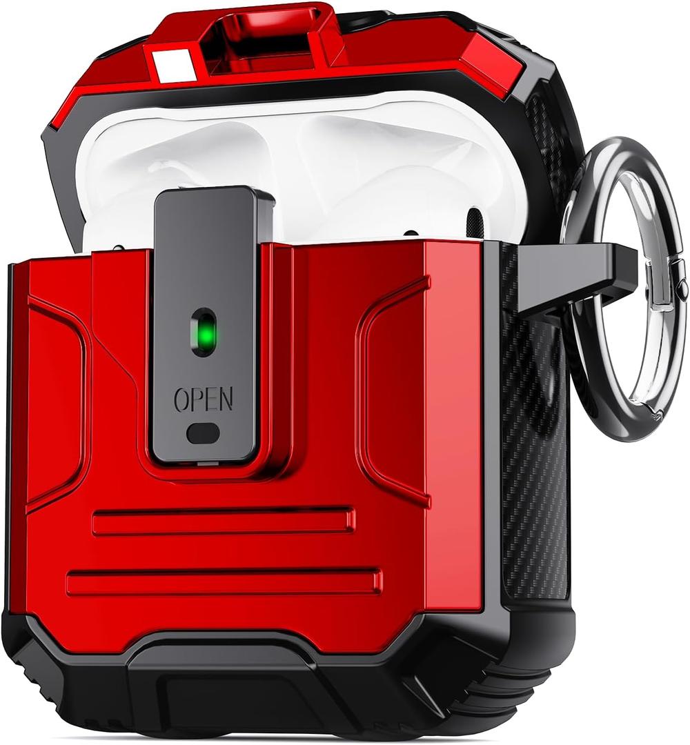 DASFOND Armor Cover AirPods 2nd & 1st Generation Case, Military Grade Full Body Shockproof Protection Hard Case, Support Wireless Charging with Keychain, Magnetic Lid, Front LED Visible, Red