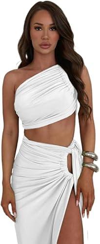 Women's 2 Piece Dress Sexy Y2k Strapless Crop Top High Slit Skirt Bodycon Maxi Long Skirt Suit Night Out Dress Sets M