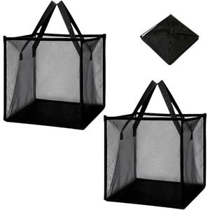 Munyee Hua Mesh Waterproof handheld Collapsible Large laundry hamper Bag, Clothes sorting and storage Foldable and Handle Basket-Good helper for sorting, tidy space (2, Black- Single Layer)