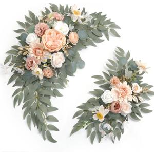 Faux Flower Swag Set of 2 for Wedding Welcome Signs Floral Swag Wedding Reception Ceremony Signs Decor (Champagne & Pink)