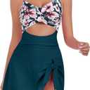 ZAFUL Women One Piece Swimdress Tummy Control Bathing Suit Push Up Swimsuit Modest Swimwear Cutout V Neck Cute Tie Knot Skirt (X-Large, Lake Green)