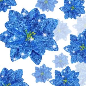 36 Pieces Christmas Glitter Poinsettia Flowers Faux Flowers Wedding Glitter Christmas Tree New Year Ornaments (Blue)