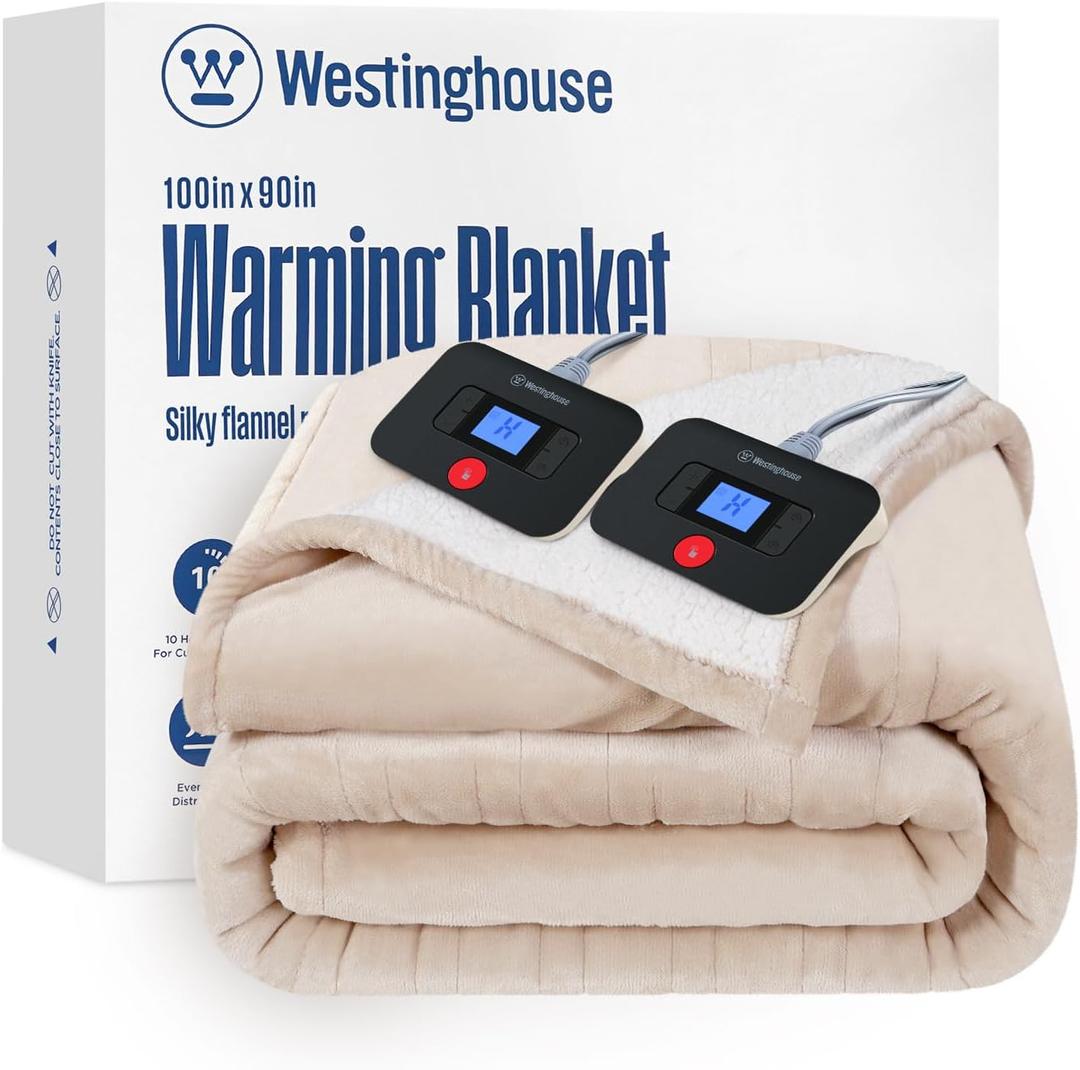 Westinghouse Electric Blanket King, Heated Blanket King Size with 10 Heating Levels and 1 to 12 Hours Heating Time Settings, Flannel to Sherpa Reversible, Machine Washable (90" x 100", Beige)