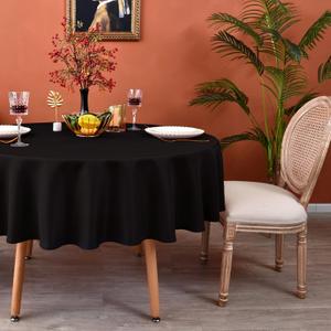 MEANMOY Black 210 GSM Water & Stain Resistant Round Tablecloth for Circle Table - Solid 48 Inch Table Cloth Cover in Wrinkle Free Durable Washable Polyester Fabric for Wedding, Party, Banquet