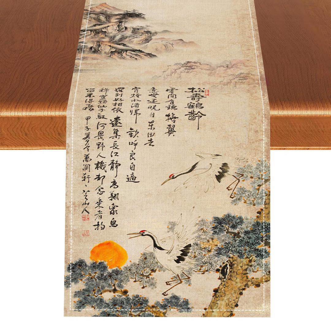 Japanese Table Runner, Retro Crane Traditional Vintage Asian Oriental Inking Painting Eastern Landscape Nature Print Chinese Table Runner for Home Party Kitchen Dining Wedding Party Decor, 13x108
