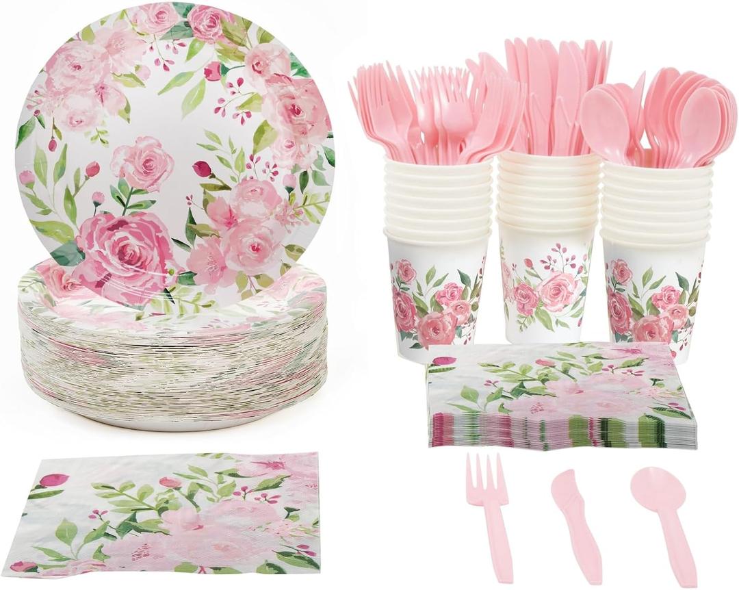 BLUE PANDA 144 Piece Vintage Style Tea Party Supplies, Includes Disposable Floral Paper Plates, Napkins, Cups, & Cutlery, For Baby Showers, Weddings & More, Serves 24