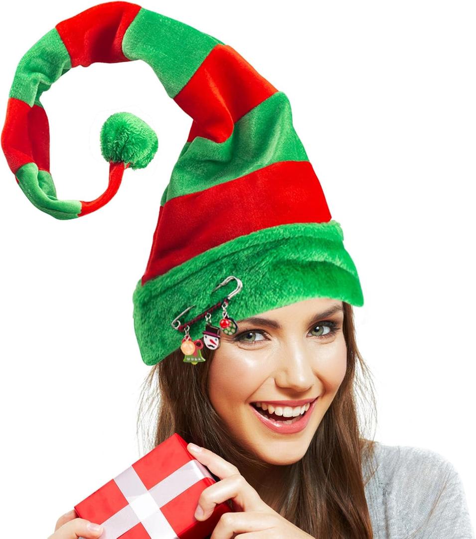 BigOtters Christmas Elf Hat, Long Striped Felt Hat with Cute Brooch Pin for Kids Adults