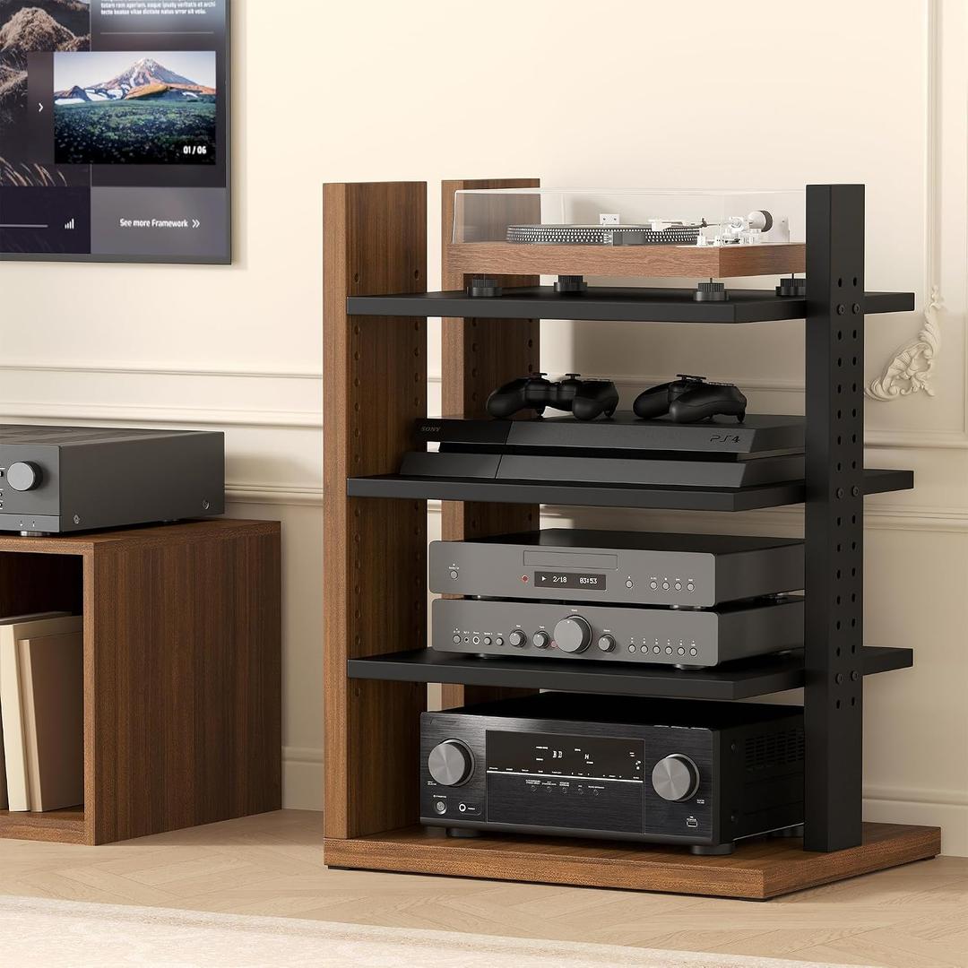 Space-Saving Corner Audio Rack, 4-Tier Stereo Cabinet Media Cabinet with 17-Position Adjustable Shelves, Durable 15mm MDF Board Supports TV Accessories, Speakers, Game Consoles (Walnut), 21.26 x 16.54 x 31.5 inches