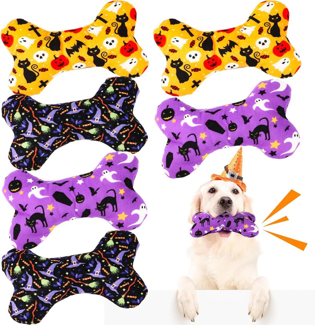6 Pack Halloween Dog Squeaky Bone Toys Halloween Plush Interactive Dog Pets Birthday Bone Shape Stuffed Chew Toys for Puppy Small Medium Large Squeak Toss Play