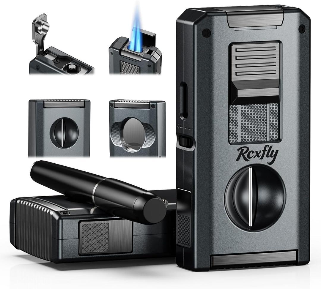 5-in-1 Torch Lighter with Holder, V & Straight Tool, Dual Jet Flame, Gifts for Men, Multifunctional Accessories, Adjustable & Windproof Lighter Set, Refillable Butane Lighter for Travel