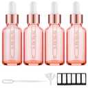PrettyCare 4 Pack 1oz Dropper Bottles for Essential Oils with Labels, Funnel & Measured Pipettes, 30 ml Leak Proof Rose Glass Essential Oils Bottles- Empty Tincture Bottles for Personal Care & Beauty