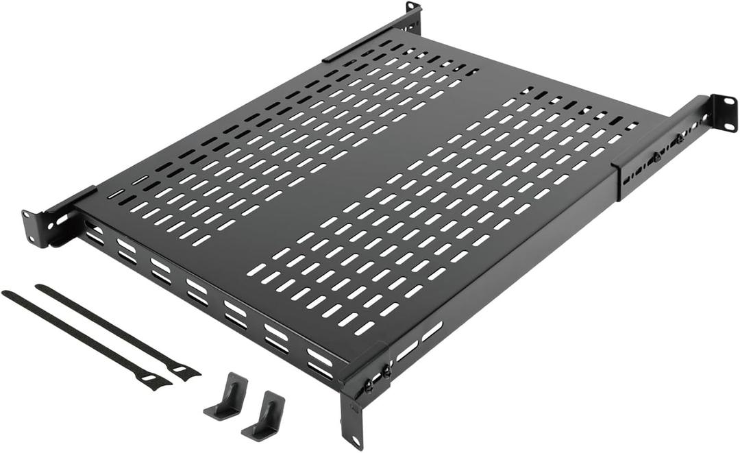 Tecmojo 1U 4-Post Vented Server Rack Mount Shelf,27.6in Deep with Adjustable Depth 19.7-37.4inch,Supports to 242 lbs,Universal Tray for 19 Inch AV/Network Equipment Rack,Black