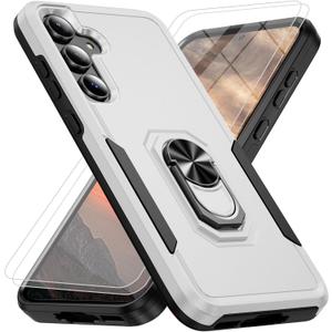 for Samsung Galaxy A35 5G Phone Case with 2X Tempered Glass Screen Protector, Heavy-Duty [Military Grade] Shockproof Kickstand Case for Samsung Galaxy A35 5G (White)