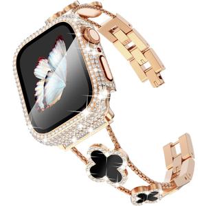 Surace Compatible with Apple Watch Band 44mm for Women, Jewelry Diamond Rhinestone Stainless Steel Metal Wristband Strap with Bling PC Protective Case for iWatch Series 6/5/4 SE 44mm, Rose Gold/Black