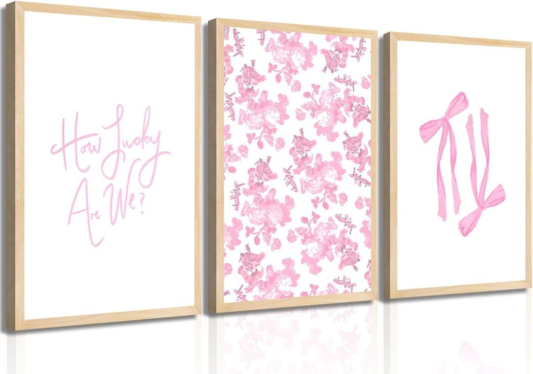 3Pcs Pink Floral Bow Wall Art How Lucky Are We Wall Decor Pictures Trendy Preppy Canvas Poster Prints for College Dorm Apartment Girl Room Decorations Unframed (16x24in poster)