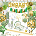 223Pcs Sage Green Baby Shower Decorations,"OH BABY" Banner, Balloon, Sash, Cake Topper for 25 Guests,Neutral Baby Shower Decor Supplies- Disposable Dinnerware Set With Eucalyptus Leaf