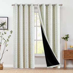 Jinchan 95% Blackout Boho Curtains 84 Inch Length for Bedroom Living Room Sage Green on Beige Geometric Printed Grommet Top Room Darkening Thermal Insulated Window Drapes 2 Panels