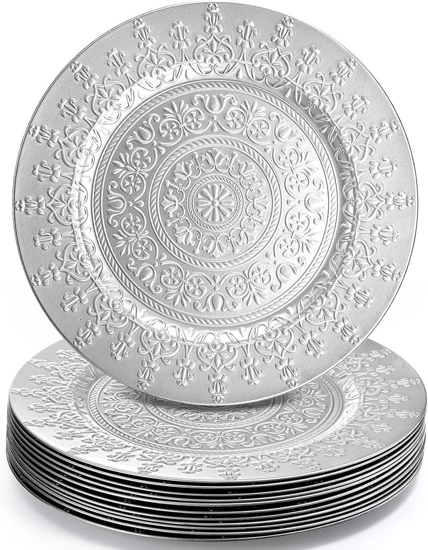 Youeon 12 Pack Silver Charger Plates, 13 Inch Plastic Chargers for Dinner Plates, Floral Pattern Decorative Plates for Table Setting, Party, Wedding, Catering Event, Christmas