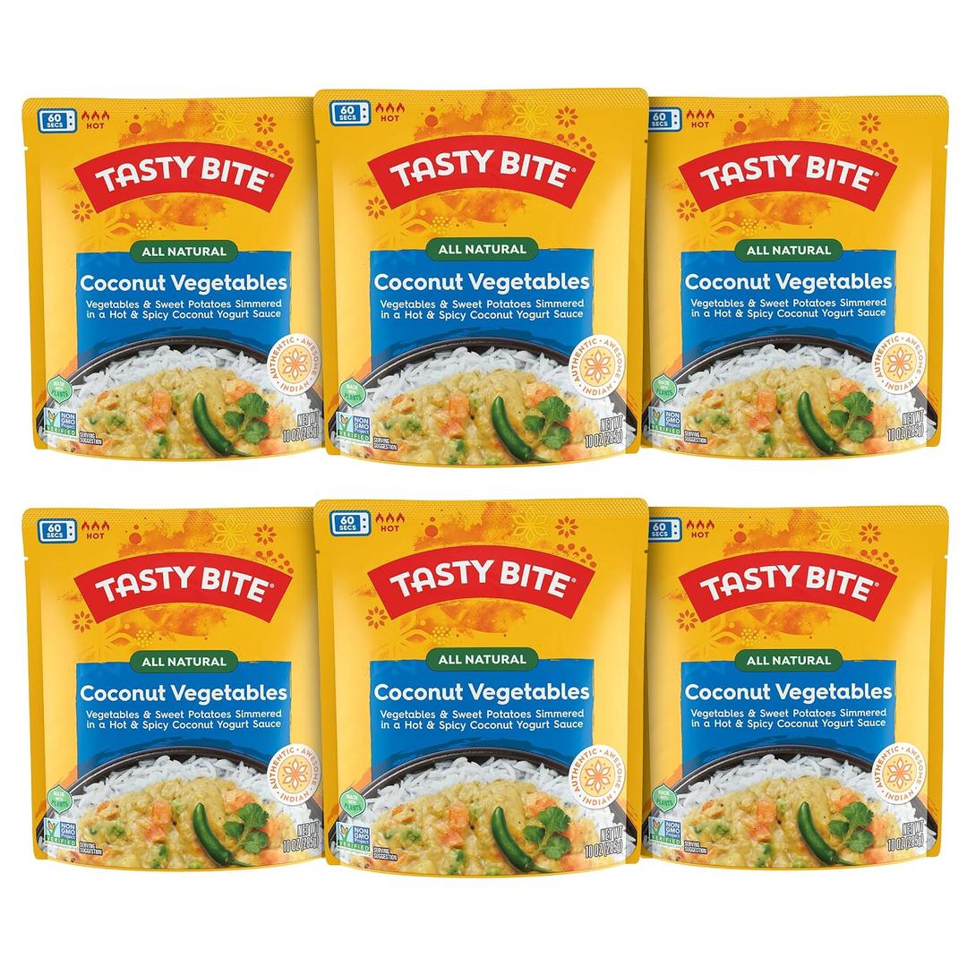 Tasty Bite Hot & Spicy Coconut Vegetables, 10 Ounce, Pack of 6, Ready to Eat, Microwavable Entree, Vegetarian, Packaging May Vary (EXP 03/31/27)