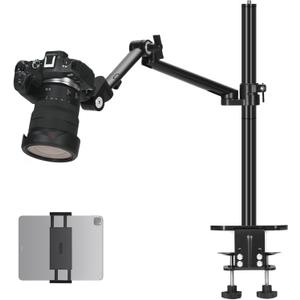 TARION Camera Arm Mount Desk Stand: Heavy Duty DSLR Desktop Mount Camera Stand with Tablet Holder Double C Clamp 1/4 3/8 Screw Adapter Articulating Arm for Selfie Streaming Videography TitanRig Lite Z