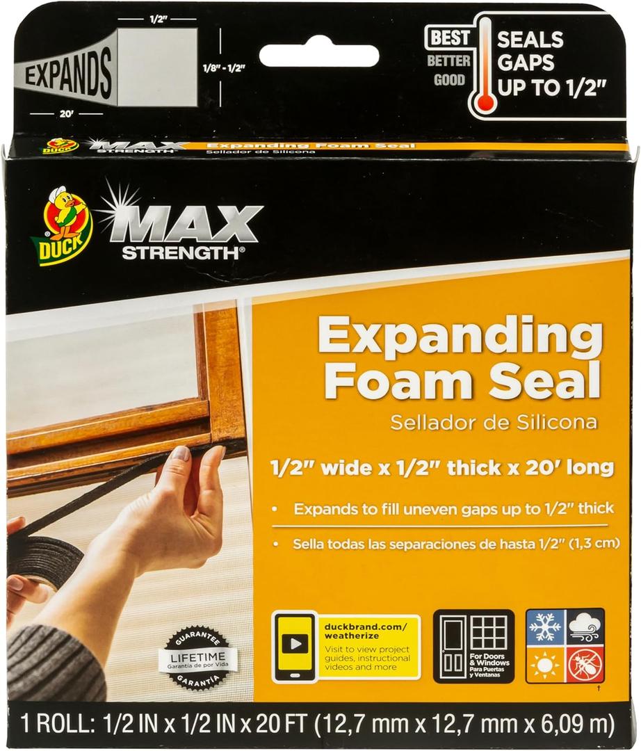 Duck Max Strength Expanding Foam Seal for Doors and Windows, .5 in. x .5 in. x 20 ft., Expands to Fit Uneven Gaps up to 1/2 Inch Thick, Cut to Size, Black, 1-Roll (Pack of 1)