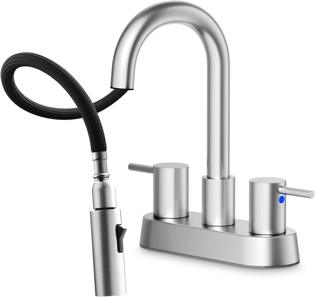 Stainless Steel Brushed Nickel Bathroom Faucet with Pull Out Sprayer, Dual-Function Spout Bathroom Sink Faucets, 4 Inch Two Handle Utility Sink Faucet with Sprayer 3 Hole, Pet Shower, RVs