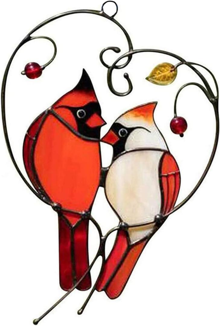Cardinal Gift Bird Stained Metal Window Hanging Heart Cardinal Suncatcher Bird Christmas Decorations Ornament Bird Gift for Bird Loves for Women,Gift for Mom,Grandma (Red3)