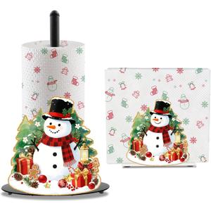 Snowman Christmas Paper Towel Holder, Iron Christmas Decorations Indoor with Round Base, Snowman Decorations for Home, Xmas Paper Towel Holder Stand Accessories for Bathroom Kitchen Dining, 2 PCS