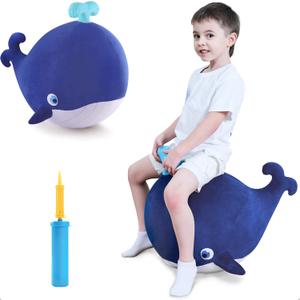 iPlay, iLearn Bouncy Pals Kids Whale Hopper Ball, Ride on Hopping Toy, Inflatable Plush Bouncing Animal W/Pump, Indoor Outdoor Riding Jumping Gift for 18 Month 2 3 4 5 Year Old Toddler Boy Girl Child