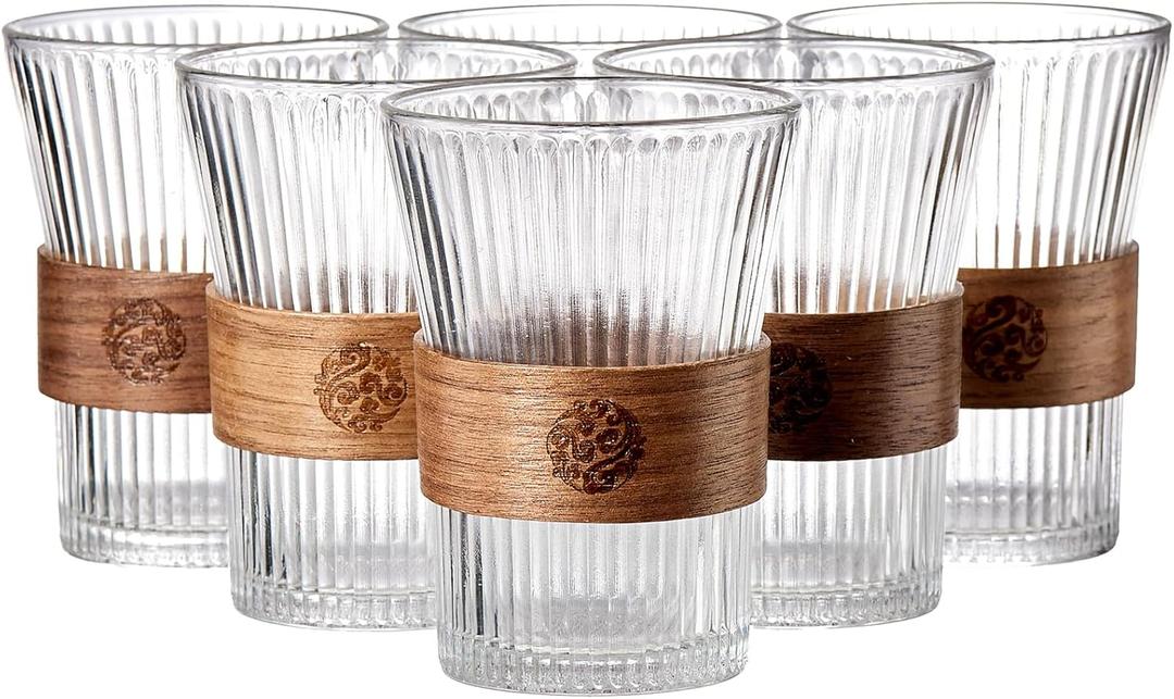 6PCS Glass Coffee Mug 9oz with Bamboo Sleeve,Espresso Cups Drinking Cup set, Home Essential Glass Tumblers for Beer, Cocktail, Tea and Latte Clear