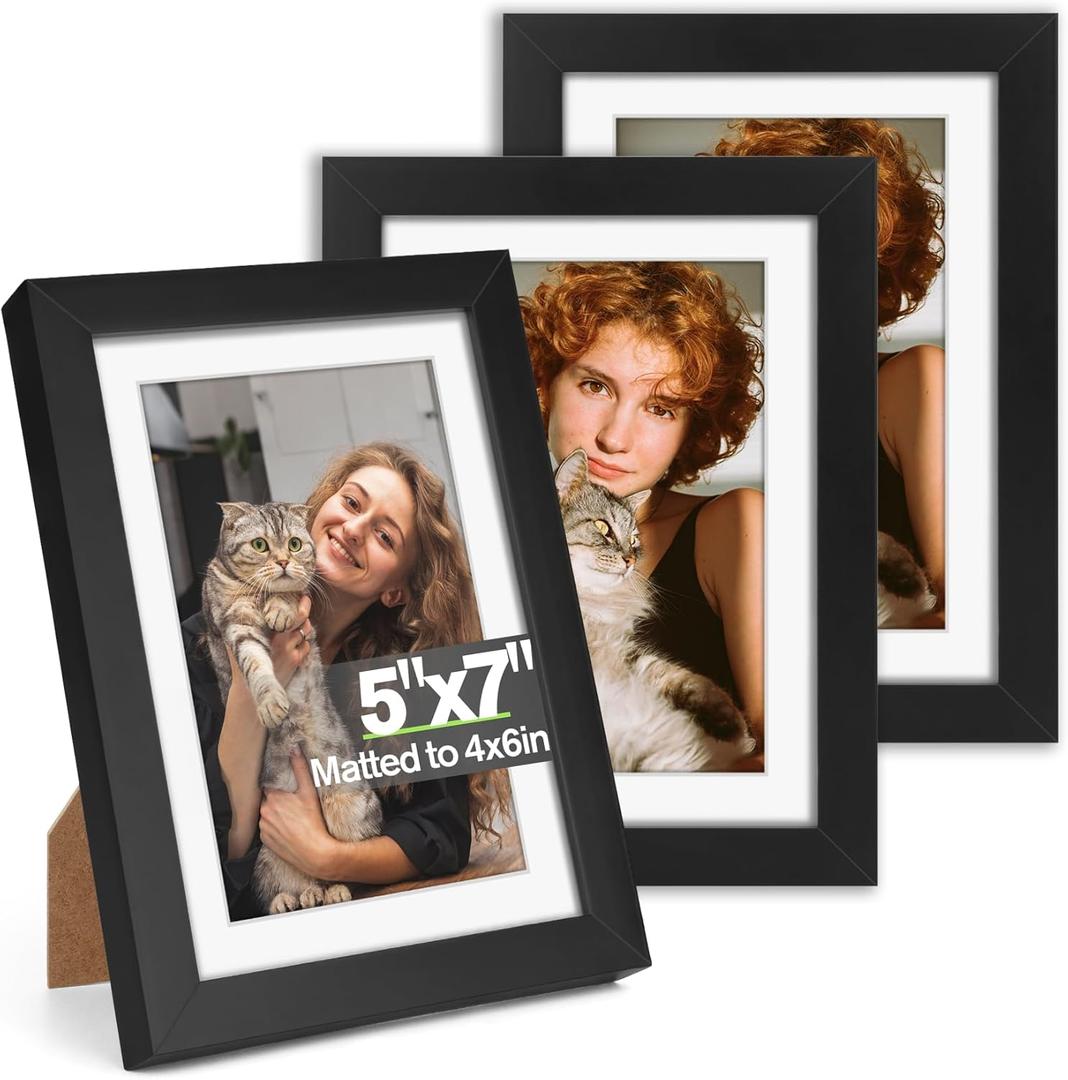 5x7 Picture Frame Set of 3, Display Pictures 4x6 with Mat or 5x7 Without, Multi Photo Frames Collage for Wall or Tabletop Display, Black