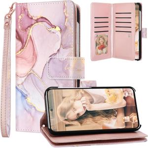 Fingic for Samsung Galaxy S23 FE Case Wallet for Women Girls[with 9 Card Holders] Marble Rose Gold PU Leather Detachable Wrist Strap Fullbody Slim Shockproof Phone Case for Samsung Galaxy S23 FE,2023