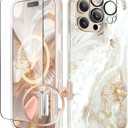 GVIEWIN for iPhone 16 Pro Case Compatible with MagSafe, with Screen & Lens Protectors, Military-Grade Protection Slim Marble Shockproof Magnetic Phone Case for 16 Pro 6.3", Pearlescent/Gold