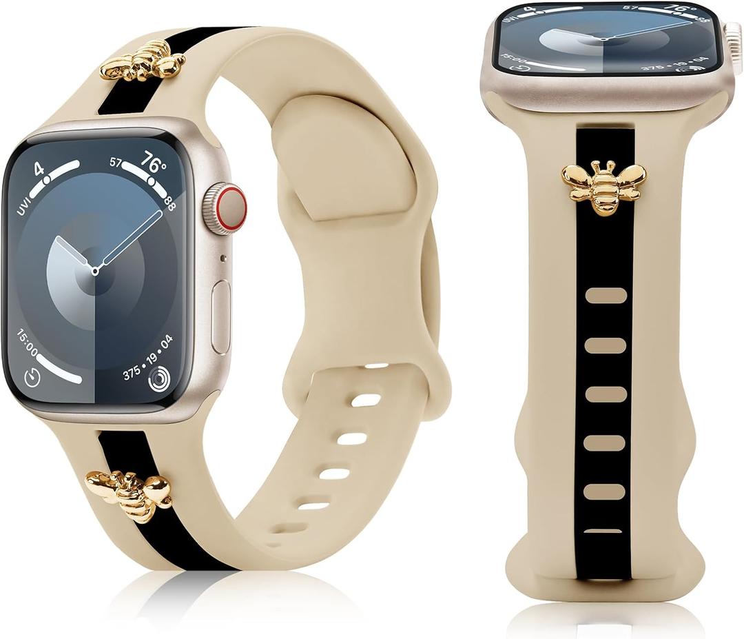 Silicone Strap for Apple Watch Band Series 11 10 9 8 7 6 5 4 3 SE Ultra, Stylish Bracelet with Gold Honey Bee Charms for iWatch 38mm 40mm 41mm 42mm 44mm 45mm 46mm 49mm Bands, Designer Sport Wristbands