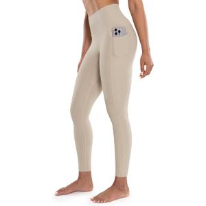 Workout Leggings with Pockets for Women High Waist Yoga Pants 25"/28" Cream Soft Lightweight Athletic Gym Tights (X-Small, Khaki)