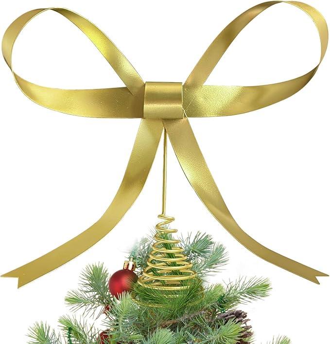 HUTHDAK Large Gold Bow Christmas Tree Topper,9.4 Inch Metal Tree Topper,Gold Bow Christmas Decorations for Xmas Home Decor Holiday Party Indoor Outdoor Shop Office
