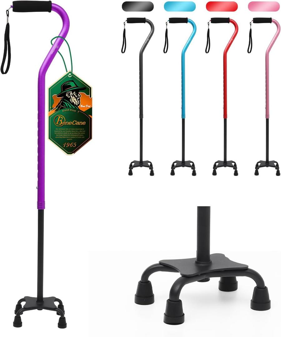 BeneCane Quad Cane Adjustable Walking Cane with Offset Soft Cushioned Handle for Men & Women Lightweight Comfortable with 4-Pronged feet for Extra Stability (purple)