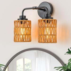 2Light Farmhouse Bathroom Vanity Light Fixtures Over Mirror, Wood Rustic Boho Rattan Wall Sconce with Hand Woven Wicker Lampshade, Black Wall Lighting for Hallway, Living Room, Bedroom, Spa Room