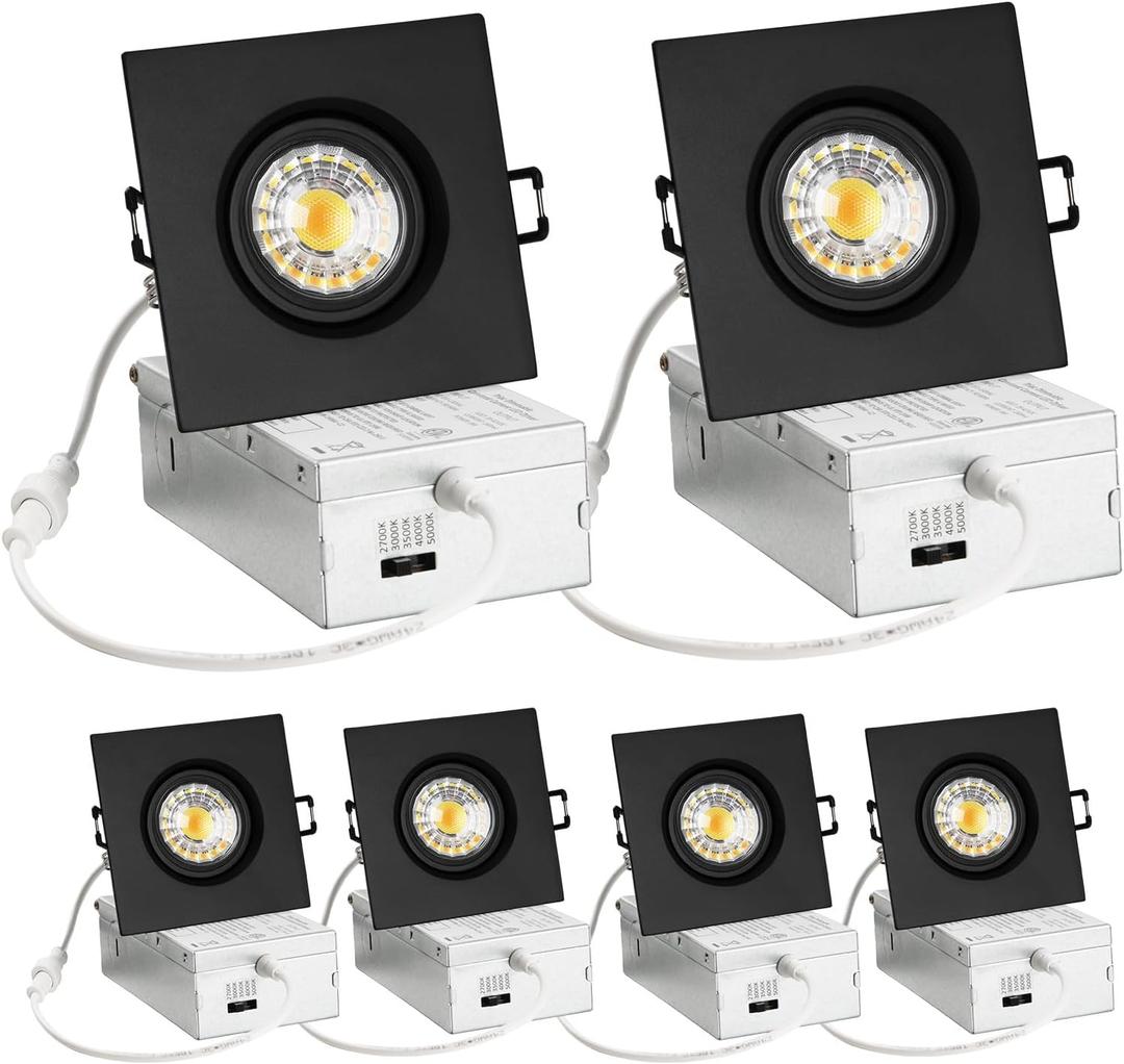 3 Inch Canless Recessed Gimbal Downlight, 360 Rotatable Black Square Spotlight, 8W 850Lm High Brightness, 5CCT LED Recessed Light with Junction-Box, 3 Inch 6 Pack Black