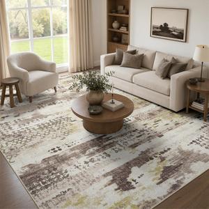 DCX Washable Abstract Area Rug 9x12, Non Slip Low Pile Rug, Beige