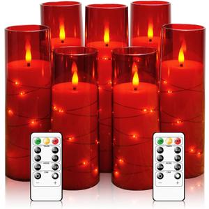 Eebuss Flameless Candles with Embedded Star String, Battery Operated LED Pillar Candles with Timer and Remote Control,Home Decorating for Ambiance Set of 7 (Red)